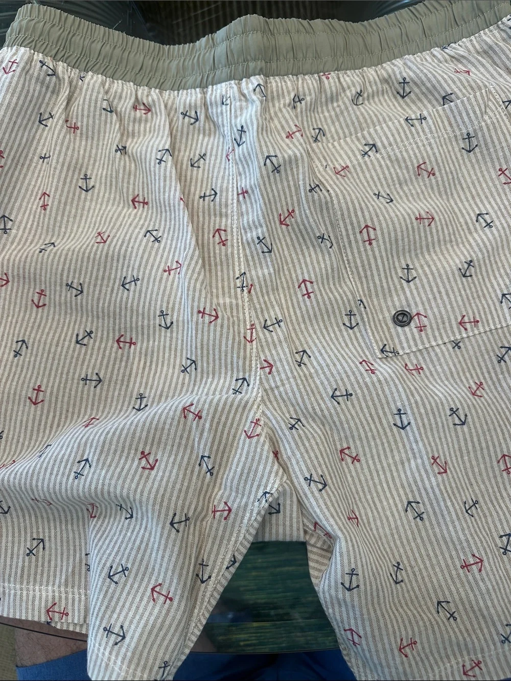 NWT Parke & Ronen Beige Striped Swim Trunks with Red & Navy Anchors